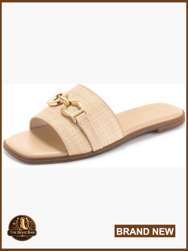 Women's Faux Leather Square Toe Flat Slide Sandals W/ Gold Chain